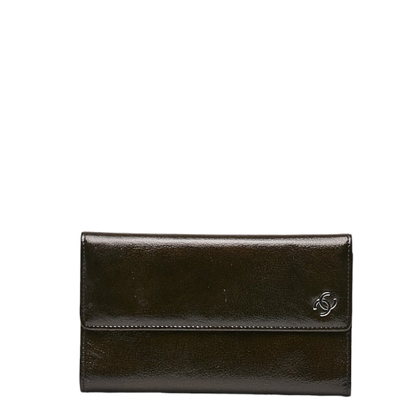 シャネル ココマーク 三つ折り財布 メタリックカーキ パテントレザー レディース CHANEL 【中古】