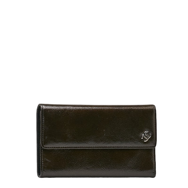 シャネル ココマーク 三つ折り財布 メタリックカーキ パテントレザー レディース CHANEL 【中古】