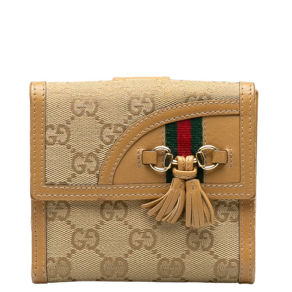 グッチ ホースビット ダブルホック 二つ折り財布 233053 ベージュ キャンバス レザー レディース GUCCI 【中古】
