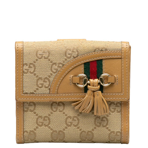 グッチ ホースビット ダブルホック 二つ折り財布 233053 ベージュ キャンバス レザー レディース GUCCI 【中古】