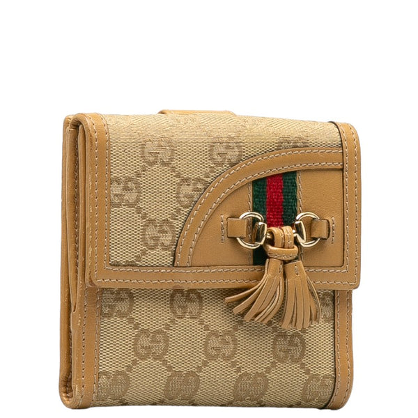 グッチ ホースビット ダブルホック 二つ折り財布 233053 ベージュ キャンバス レザー レディース GUCCI 【中古】