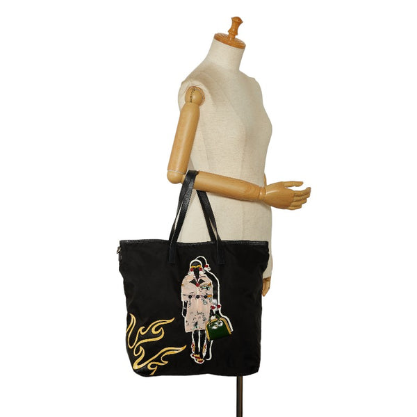 プラダ ビジュー ハンドバッグ トートバッグ ブラック マルチカラー ナイロン ビーズ レザー レディース PRADA 【中古】