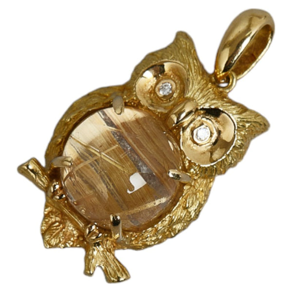K18YG イエローゴールド ルチルクオーツキャッツアイ5.12ct ダイヤ0.02ct 梟 フクロウ ペンダントトップ レディース 【中古】