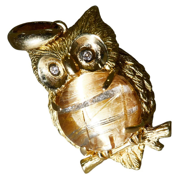 K18YG イエローゴールド ルチルクオーツキャッツアイ5.12ct ダイヤ0.02ct 梟 フクロウ ペンダントトップ レディース 【中古】