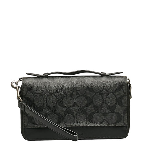 コーチ シグネチャー ラウンドファスナー 長財布 トラベルオーガナイザー ダブルジップ F66562 ブラック グレー PVC レザー メンズ COACH 【中古】