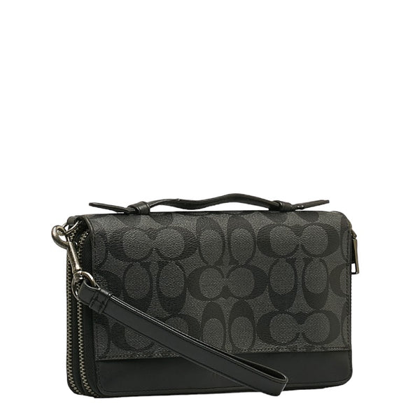 コーチ シグネチャー ラウンドファスナー 長財布 トラベルオーガナイザー ダブルジップ F66562 ブラック グレー PVC レザー メンズ COACH 【中古】