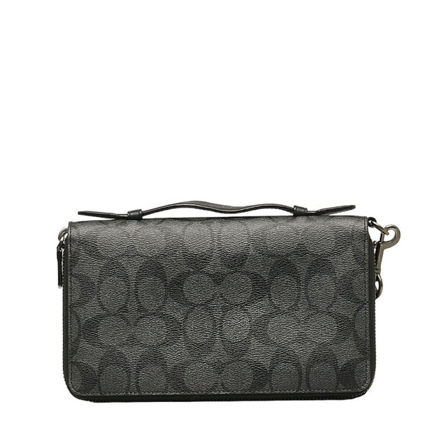 コーチ シグネチャー ラウンドファスナー 長財布 トラベルオーガナイザー ダブルジップ F66562 ブラック グレー PVC レザー メンズ COACH 【中古】