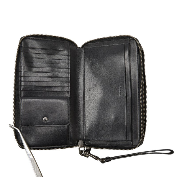 コーチ シグネチャー ラウンドファスナー 長財布 トラベルオーガナイザー ダブルジップ F66562 ブラック グレー PVC レザー メンズ COACH 【中古】