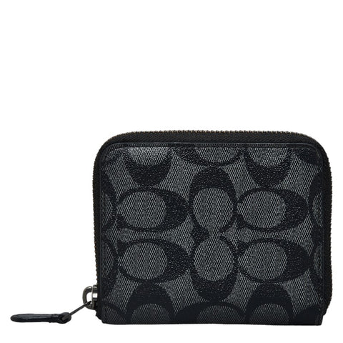 コーチ シグネチャー 二つ折り財布 ラウンドファウナー コンパクトウォレット ブラック グレー PVC レザー メンズ COACH 【中古】