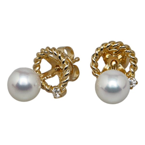 ミキモト K18YG イエローゴールド アコヤパール6.5mm ダイヤ0.04 スタッド 2WAY ピアス レディース MIKIMOTO 【中古】