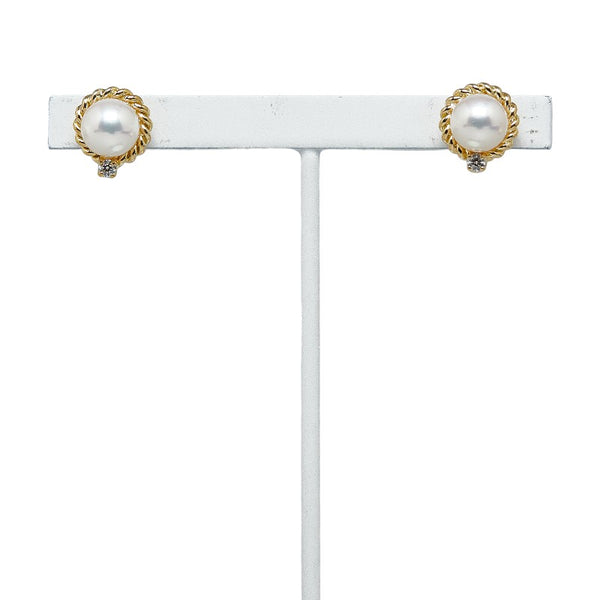ミキモト K18YG イエローゴールド アコヤパール6.5mm ダイヤ0.04 スタッド 2WAY ピアス レディース MIKIMOTO 【中古】