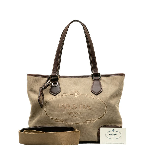 プラダ ロゴジャガード トートバッグ ショルダーバッグ 2WAY BR3414 ベージュ ブラウン キャンバス レザー レディース PRADA 【中古】