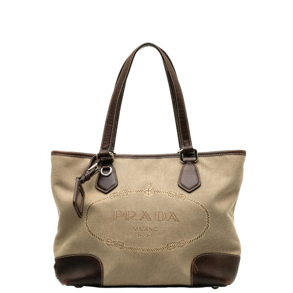 プラダ ロゴジャガード トートバッグ ショルダーバッグ 2WAY BR3414 ベージュ ブラウン キャンバス レザー レディース PRADA 【中古】