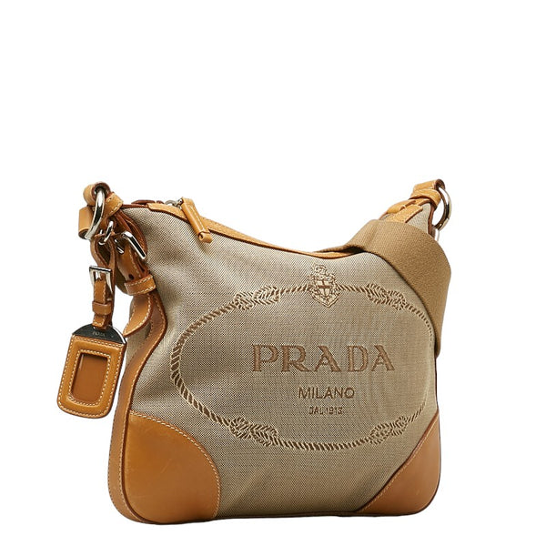プラダ ロゴジャガード 斜め掛け ショルダーバッグ BT0534 ベージュ キャンバス レザー レディース PRADA 【中古】