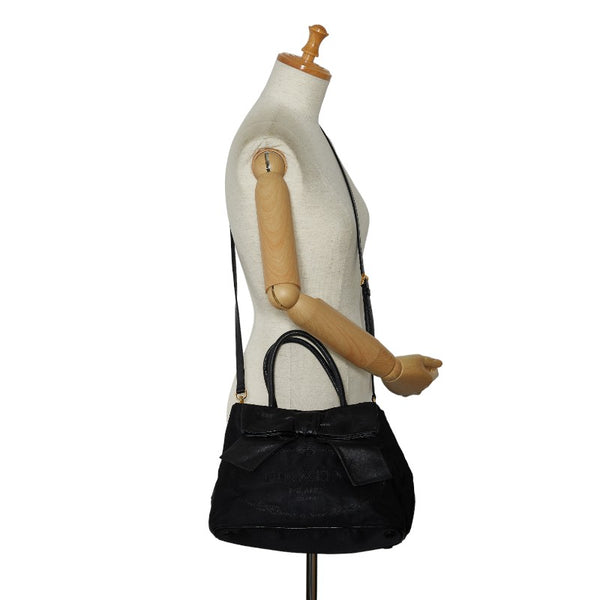 プラダ ロゴジャガード リボン ハンドバッグ ショルダーバッグ 2WAY ブラック ナイロン レザー レディース PRADA 【中古】