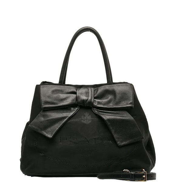 プラダ ロゴジャガード リボン ハンドバッグ ショルダーバッグ 2WAY ブラック ナイロン レザー レディース PRADA 【中古】