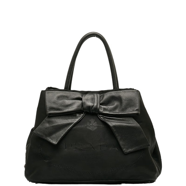 プラダ ロゴジャガード リボン ハンドバッグ ショルダーバッグ 2WAY ブラック ナイロン レザー レディース PRADA 【中古】