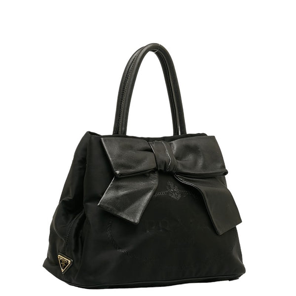 プラダ ロゴジャガード リボン ハンドバッグ ショルダーバッグ 2WAY ブラック ナイロン レザー レディース PRADA 【中古】