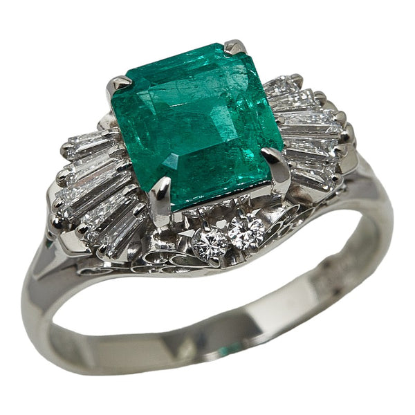 Pt900 プラチナ エメラルド1.74ct ダイヤ0.42ct スクエア リング 指輪 レディース 12.5号 【中古】