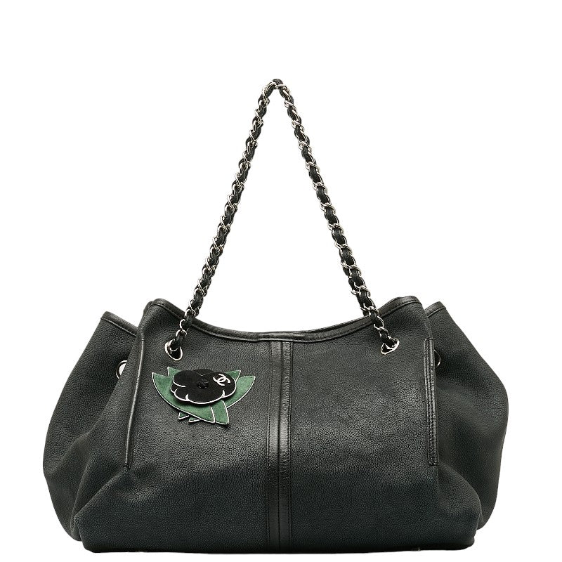 シャネル カメリア チェーン ショルダーバッグ ブラック グリーン レザー ヌバック レディース CHANEL 【中古】