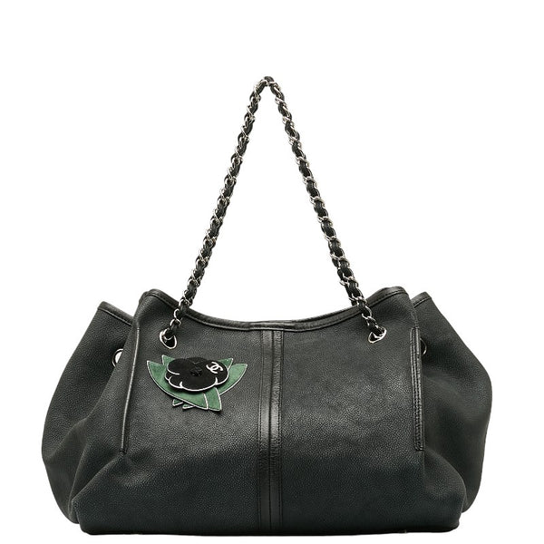 シャネル カメリア チェーン ショルダーバッグ ブラック グリーン レザー ヌバック レディース CHANEL 【中古】