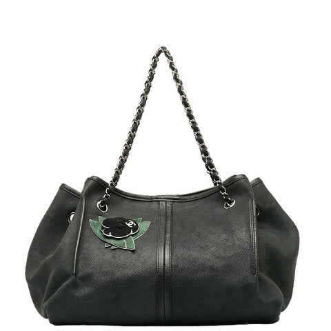 シャネル カメリア チェーン ショルダーバッグ ブラック グリーン レザー ヌバック レディース CHANEL 【中古】