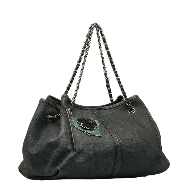 シャネル カメリア チェーン ショルダーバッグ ブラック グリーン レザー ヌバック レディース CHANEL 【中古】