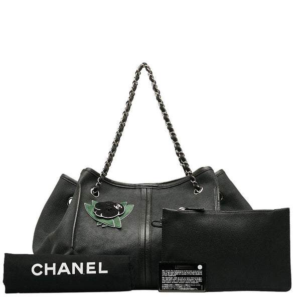 シャネル カメリア チェーン ショルダーバッグ ブラック グリーン レザー ヌバック レディース CHANEL 【中古】