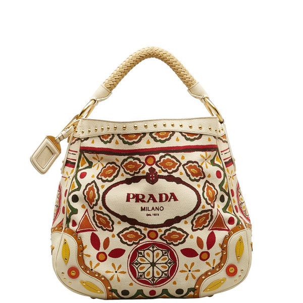 プラダ 総柄 ハンドバッグ BR3745 ホワイト マルチカラー キャンバス レザー レディース PRADA 【中古】