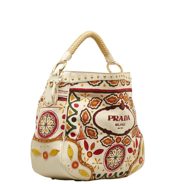 プラダ 総柄 ハンドバッグ BR3745 ホワイト マルチカラー キャンバス レザー レディース PRADA 【中古】