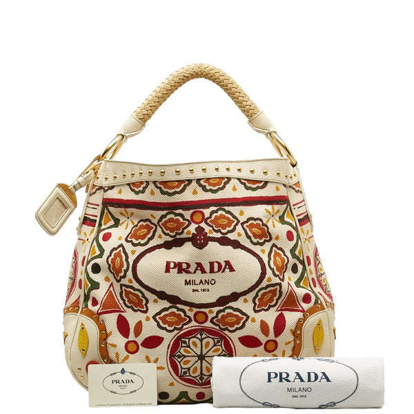 プラダ 総柄 ハンドバッグ BR3745 ホワイト マルチカラー キャンバス レザー レディース PRADA 【中古】