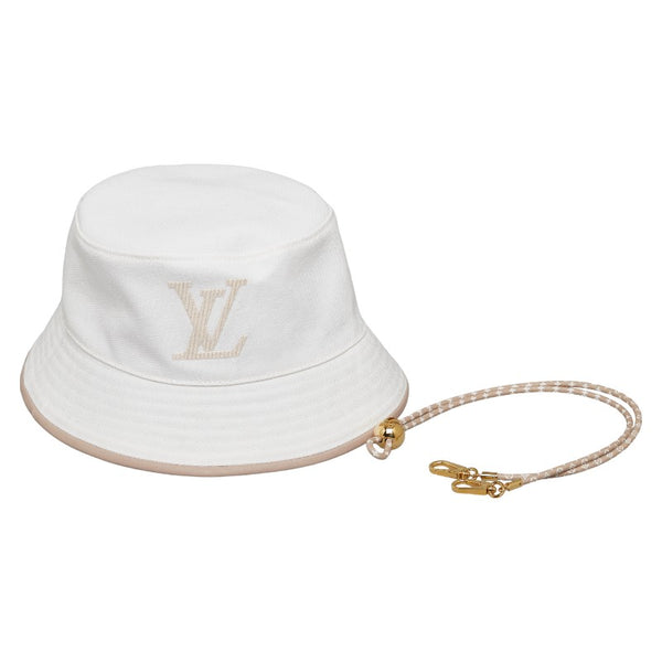 ルイ ヴィトン LVロゴ バケットハット サイズ：S M77574 ホワイト ベージュ コットン レザー レディース LOUIS VUITTON 【中古】