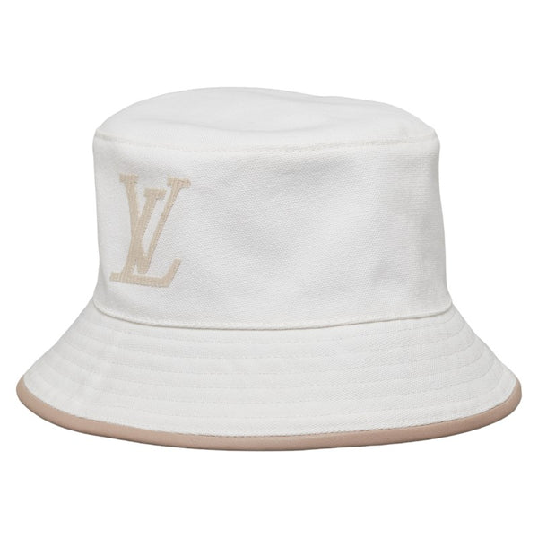 ルイ ヴィトン LVロゴ バケットハット サイズ：S M77574 ホワイト ベージュ コットン レザー レディース LOUIS VUITTON 【中古】