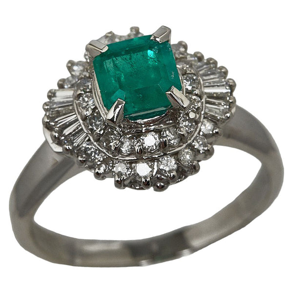 Pt900 プラチナ エメラルド0.90ct ダイヤ0.38ct スクエア リング 指輪 レディース 12号 【中古】