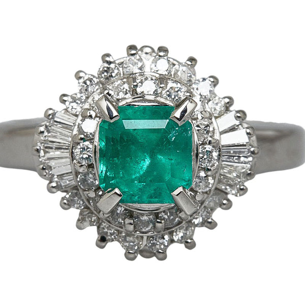 Pt900 プラチナ エメラルド0.90ct ダイヤ0.38ct スクエア リング 指輪 レディース 12号 【中古】