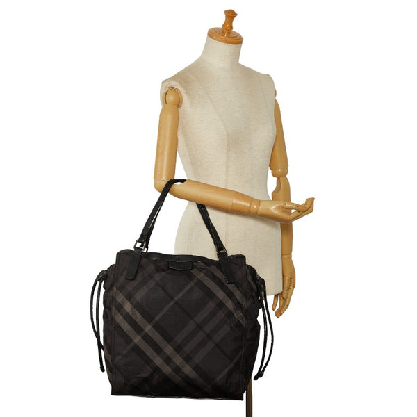 バーバリー チェック トートバッグ ブラック グレー ナイロン レザー レディース BURBERRY 【中古】