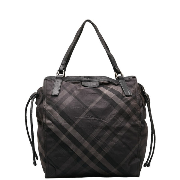 バーバリー チェック トートバッグ ブラック グレー ナイロン レザー レディース BURBERRY 【中古】