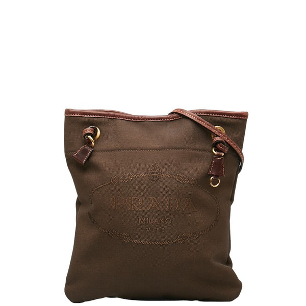 プラダ ロゴジャガード 斜め掛け ショルダーバッグ ブラウン キャンバス レザー レディース PRADA 【中古】