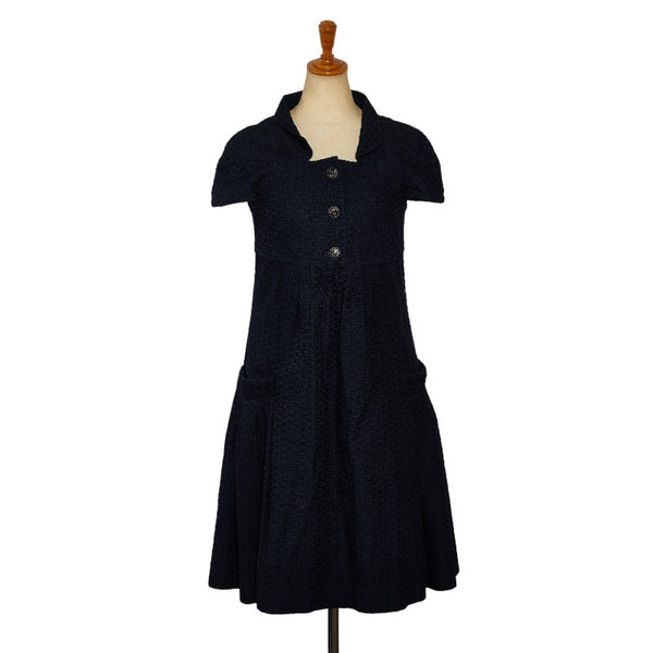 シャネル ココマークボタン フレアワンピース フレンチスリーブ 半袖 サイズ：34 P40451V23055 ネイビー レーヨン コットン レディース CHANEL 【中古】