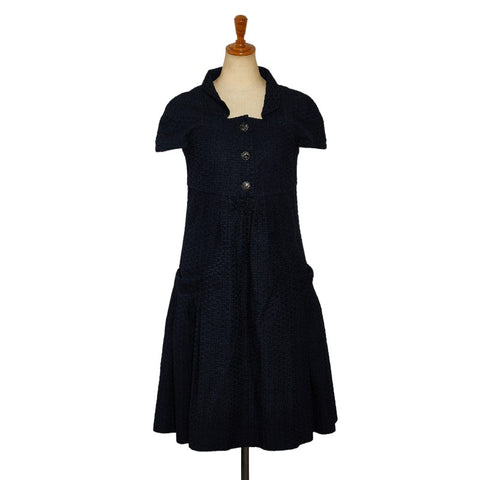 シャネル ココマークボタン フレアワンピース フレンチスリーブ 半袖 サイズ：34 P40451V23055 ネイビー レーヨン コットン レディース CHANEL 【中古】