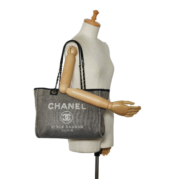 シャネル ドーヴィル ミディアムトートMM ショルダーバッグ トートバッグ グレー ブラック キャンバス レザー レディース CHANEL 【中古】