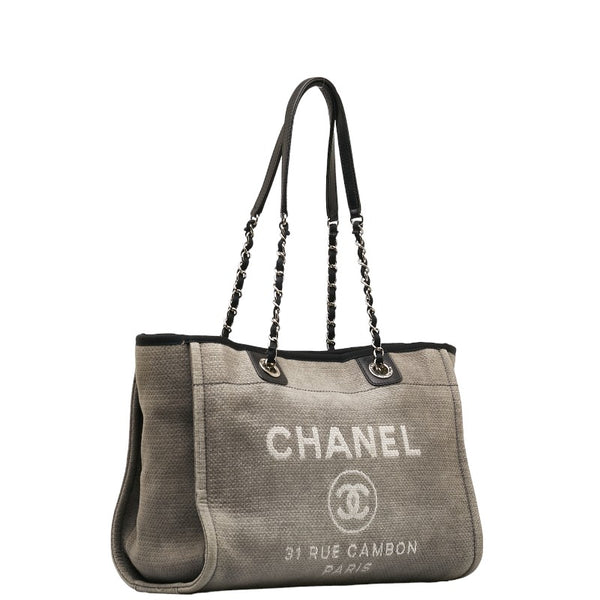 シャネル ドーヴィル ミディアムトートMM ショルダーバッグ トートバッグ グレー ブラック キャンバス レザー レディース CHANEL 【中古】
