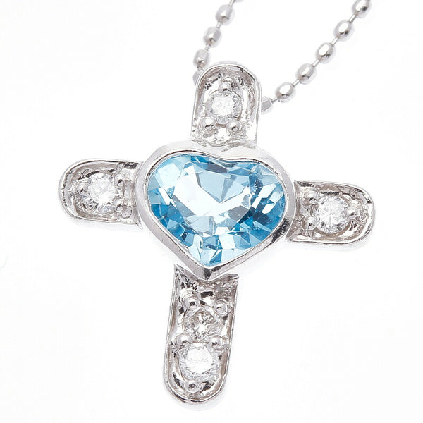 Pt900 プラチナ Pt850 プラチナ ブルートパーズ ダイヤ0.1ct クロス ネックレス レディース 中古