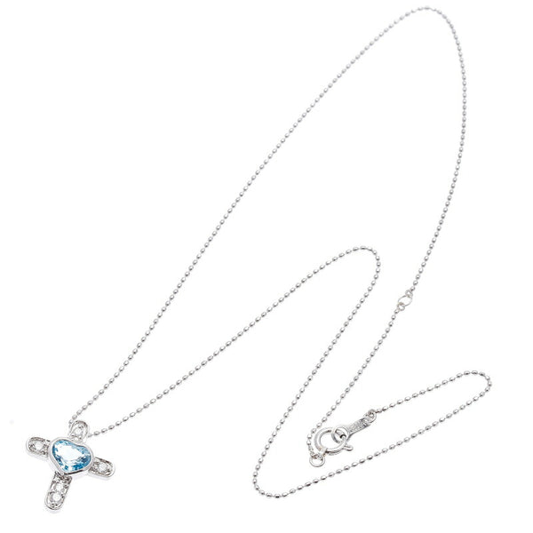 Pt900 プラチナ Pt850 プラチナ ブルートパーズ ダイヤ0.1ct クロス ネックレス レディース 中古