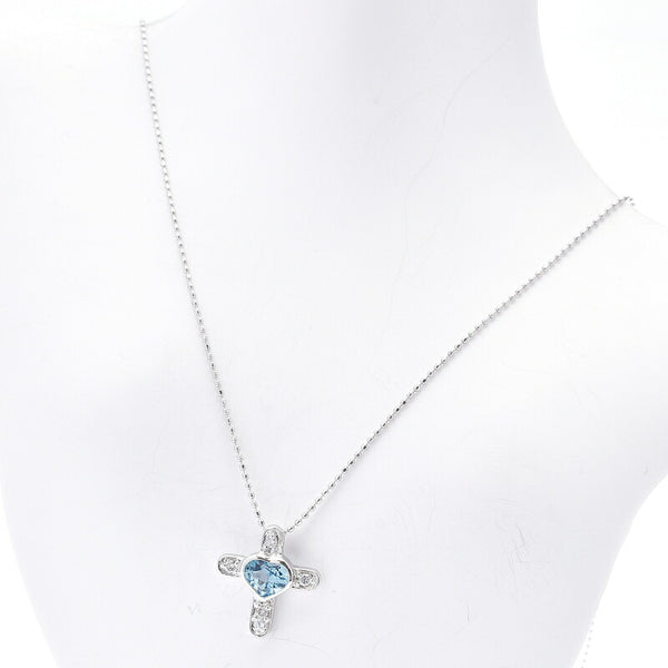 Pt900 プラチナ Pt850 プラチナ ブルートパーズ ダイヤ0.1ct クロス ネックレス レディース 中古