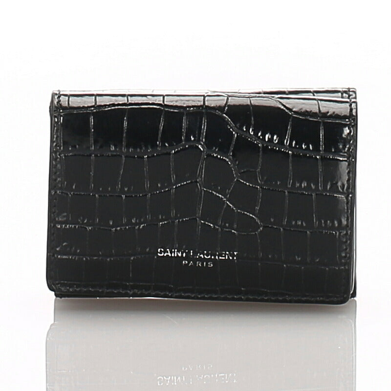 サンローラン 型押しクロコ コンパクトウォレット ブラック  レザー 二つ折り財布 レディース SAINT LAURENT 中古