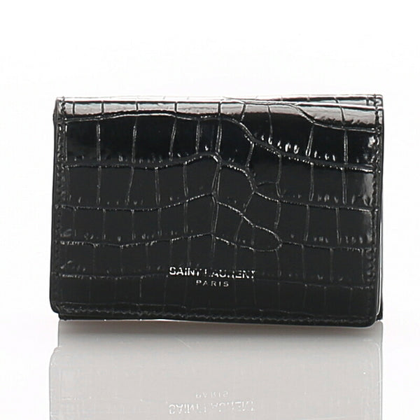 サンローラン 型押しクロコ コンパクトウォレット ブラック  レザー 二つ折り財布 レディース SAINT LAURENT 中古