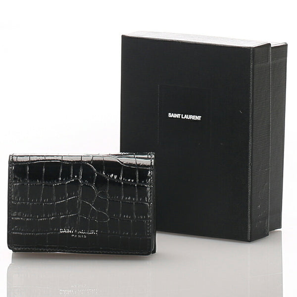 サンローラン 型押しクロコ コンパクトウォレット ブラック  レザー 二つ折り財布 レディース SAINT LAURENT 中古