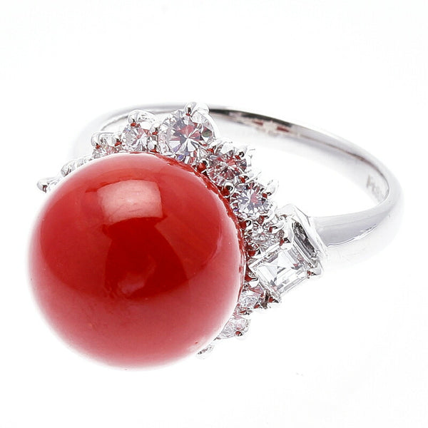 Pt900 プラチナ 赤サンゴ12mm ダイヤ0.9ct リング 指輪 レディース 11.5号 中古