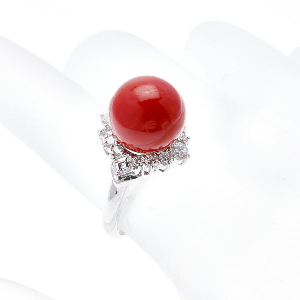 Pt900 プラチナ 赤サンゴ12mm ダイヤ0.9ct リング 指輪 レディース 11.5号 中古